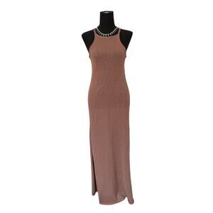 NWT Pull&Bear High Neck Knit Maxi Dress Brown Sleeveless Bodycon Side Slit Small